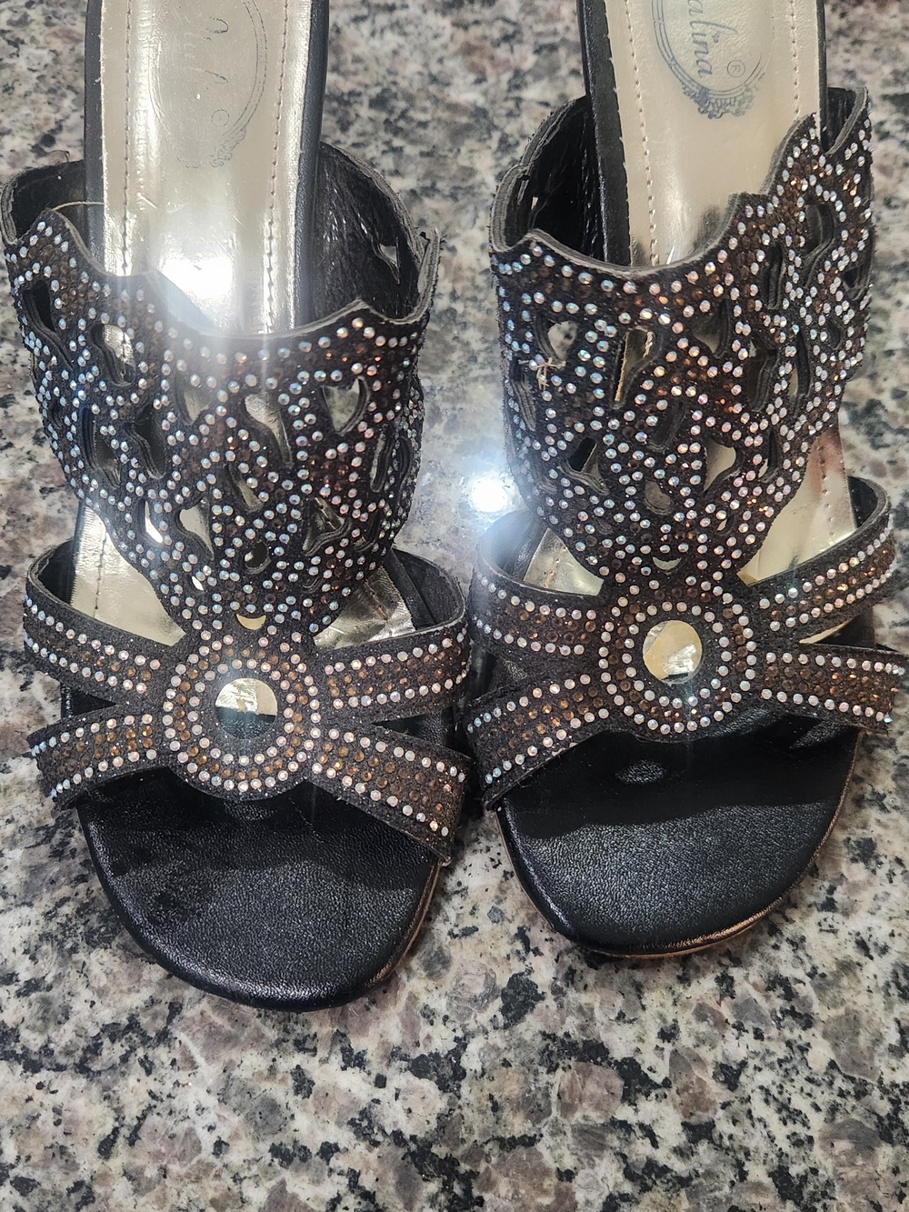 Italina Rhinestone Black Women's Slide Sandals with Crystal Accents